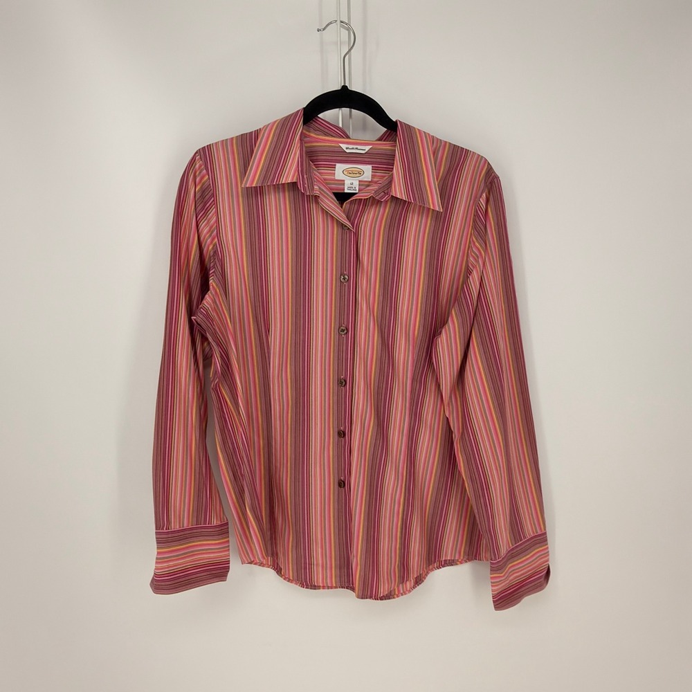 Talbots Button Down Shirt Womens 12 Pink Orange Striped Wrinkle Resistant Office